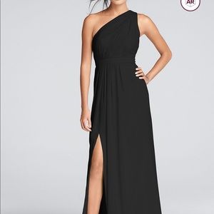 Black long one shoulder crinkle chiffon dress